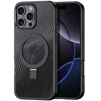 Apple iPhone 16 Pro, Műanyag hátlap védőtok + szilikon keret, kitámasztóval, ujjtámasz, Magsafe töltővel kompatibilis, hullám minta, Dux Ducis Aimo Mag Folding, áttetsző/fekete kép