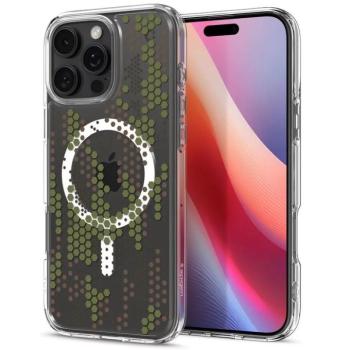 Apple iPhone 16 Pro, Műanyag hátlap védőtok + szilikon keret, Magsafe töltővel kompatibilis, hatszög minta, Spigen Ultra Hybrid Mag Digital Camo, átlátszó/fehér/zöld kép
