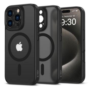 Apple iPhone 16 Pro, Műanyag hátlap védőtok + szilikon keret, Magsafe töltővel kompatibilis, kameravédő kerettel, Magcam Magsafe, áttetsző/fekete kép