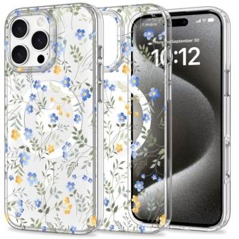 Apple iPhone 16 Pro, Műanyag hátlap védőtok + szilikon keret, Magsafe töltővel kompatibilis, tavaszi virág minta, Magmood Magsafe Spring Flowers, mintás/átlátszó kép
