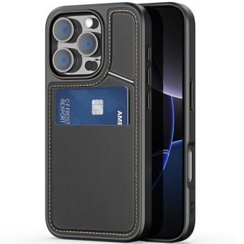 Apple iPhone 16 Pro, Műanyag hátlap védőtok + szilikon keret, stand, bőrrel bevont hátlap, kártyatartóval, Magsafe kompatibilis, Dux Ducis Rafi II Mag, fekete kép