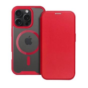 Apple iPhone 16 Pro, Oldalra nyíló tok, kártyatartóval, átlátszó hátlap, Magsafe kompatibilis, Smart Mag, piros kép