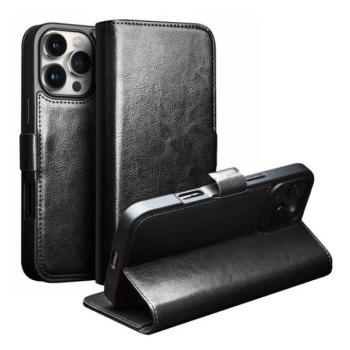 Apple iPhone 16 Pro, Oldalra nyíló tok, valódi bőrtok, Qialino, fekete kép