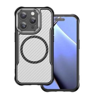 Apple iPhone 16 Pro, Szilikon tok, közepesen ütésálló, légpárnás sarok, kameravédő keret, Magsafe töltővel kompatibilis, karbon minta, fekete kép