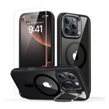 Apple iPhone 16 Pro, Szilikon tok, közepesen ütésálló, légpárnás sarok, kitámasztóval, üvegfóliával, Magsafe kompatibilis, ESR Classic Hybrid Stash Stand HaloLock, átlátszó/fekete kép