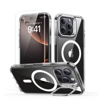 Apple iPhone 16 Pro, Szilikon tok, közepesen ütésálló, légpárnás sarok, kitámasztóval, üvegfóliával, Magsafe kompatibilis, ESR Classic Hybrid Stash Stand HaloLock, átlátszó kép