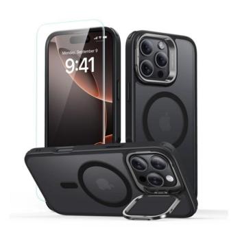 Apple iPhone 16 Pro, Szilikon tok, közepesen ütésálló, légpárnás sarok, kitámasztóval, üvegfóliával, Magsafe kompatibilis, ESR Classic Hybrid Stash Stand HaloLock, áttetsző/fekete kép