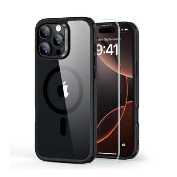 Apple iPhone 16 Pro, Szilikon tok, közepesen ütésálló, légpárnás sarok, üvegfóliával, Magsafe kompatibilis, ESR Classic Hybrid HaloLock, átlátszó/fekete kép