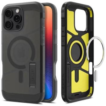 Apple iPhone 16 Pro, Szilikon tok + műanyag hátlap, Magsafe töltővel kompatibilis, kitámasztóval, matt, Spigen Tough Armor Mag, fekete kép