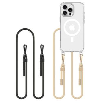 Apple iPhone 16 Pro, Szilikon védőkeret + műanyag hátlap, nyakbaakasztó, Magsafe töltővel kompatibilis, FlexAir Chain Magsafe, átlátszó (fekete, beige) kép