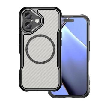 Apple iPhone 16, Szilikon tok, közepesen ütésálló, légpárnás sarok, kameravédő keret, Magsafe töltővel kompatibilis, karbon minta, fekete kép