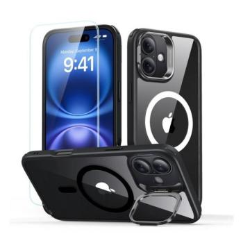 Apple iPhone 16, Szilikon tok, közepesen ütésálló, légpárnás sarok, kitámasztóval, üvegfóliával, Magsafe kompatibilis, ESR Classic Hybrid Stash Stand HaloLock, átlátszó/fekete kép