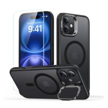 Apple iPhone 16, Szilikon tok, közepesen ütésálló, légpárnás sarok, kitámasztóval, üvegfóliával, Magsafe kompatibilis, ESR Classic Hybrid Stash Stand HaloLock, áttetsző/fekete kép