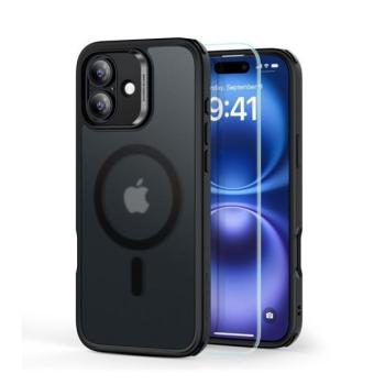 Apple iPhone 16, Szilikon tok, közepesen ütésálló, légpárnás sarok, üvegfóliával, Magsafe kompatibilis, ESR Classic Hybrid HaloLock, áttetsző/fekete kép