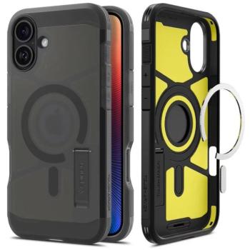 Apple iPhone 16, Szilikon tok + műanyag hátlap, Magsafe töltővel kompatibilis, kitámasztóval, matt, Spigen Tough Armor Mag, fekete kép