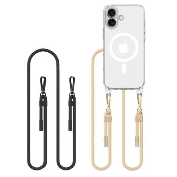 Apple iPhone 16, Szilikon védőkeret + műanyag hátlap, nyakbaakasztó, Magsafe töltővel kompatibilis, FlexAir Chain Magsafe, átlátszó (fekete, beige) kép