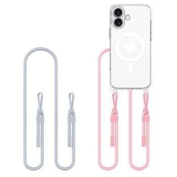 Apple iPhone 16, Szilikon védőkeret + műanyag hátlap, nyakbaakasztó, Magsafe töltővel kompatibilis, FlexAir Chain Magsafe, átlátszó (szürke, rózsaszín) kép