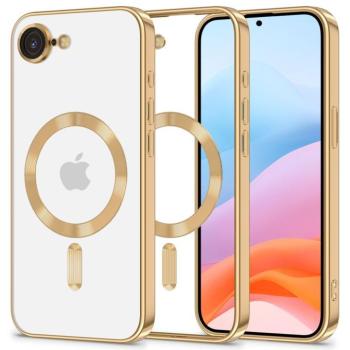 Apple iPhone 16e / 17e, Műanyag hátlap védőtok + szilikon keret, közepesen ütésálló, Magsafe töltővel kompatibilis, fényes keret, Magflex Magsafe, átlátszó/arany kép