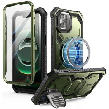 Apple iPhone 16e, Műanyag hátlap védőtok + képernyővédő, közepesen ütésálló, légpárnás sarok, kamera védelem, kitámasztóval, Magsafe kompatibilis, SupCase IBLSN ArmorBox Mag, sötétzöld kép