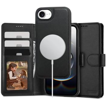 Apple iPhone 16e, Oldalra nyíló tok, stand, mágnes csattal, kivehető tokkal, Magsafe töltővel kompatibilis, TP Wallett Magsafe, fekete kép