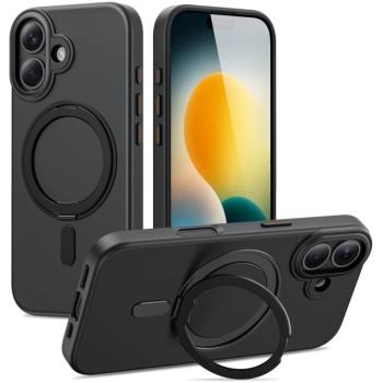 Apple iPhone 17, Műanyag hátlap védőtok + szilikon keret, kitámasztóval, ujjtámasz, Magsafe töltővel kompatibilis, Magring Magsafe, áttetsző/fekete kép