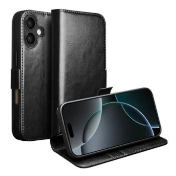 Apple iPhone 17, Oldalra nyíló tok, valódi bőrtok, Qialino, fekete kép