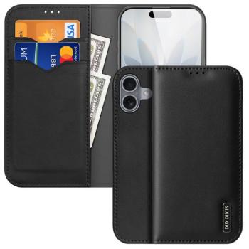 Apple iPhone 17, Oldalra nyíló tok, valódi bőrtok, stand, Dux Ducis Hivo, fekete kép