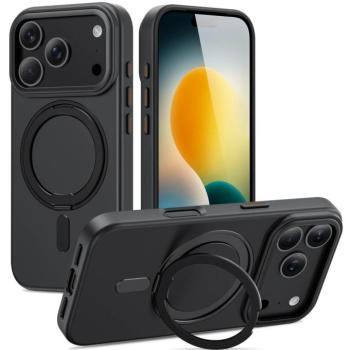 Apple iPhone 17 Pro Max, Műanyag hátlap védőtok + szilikon keret, kitámasztóval, ujjtámasz, Magsafe töltővel kompatibilis, Magring Magsafe, áttetsző/fekete kép