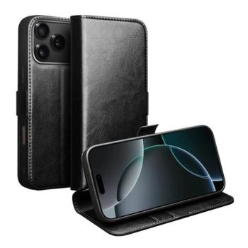 Apple iPhone 17 Pro Max, Oldalra nyíló tok, valódi bőrtok, Qialino, fekete kép