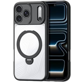 Apple iPhone 17 Pro, Műanyag hátlap védőtok + szilikon keret, kitámasztóval, ujjtámasz, Magsafe töltővel kompatibilis, hullám minta, Dux Ducis Aimo Mag Folding, áttetsző/fekete kép