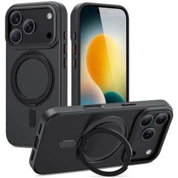 Apple iPhone 17 Pro, Műanyag hátlap védőtok + szilikon keret, kitámasztóval, ujjtámasz, Magsafe töltővel kompatibilis, Magring Magsafe, áttetsző/fekete kép