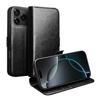 Apple iPhone 17 Pro, Oldalra nyíló tok, valódi bőrtok, Qialino, fekete kép