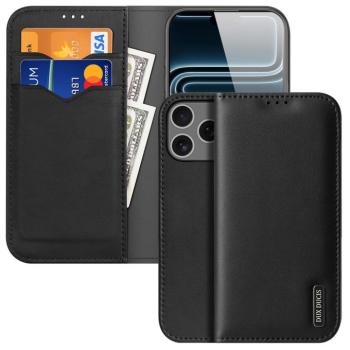 Apple iPhone 17 Pro, Oldalra nyíló tok, valódi bőrtok, stand, Dux Ducis Hivo, fekete kép