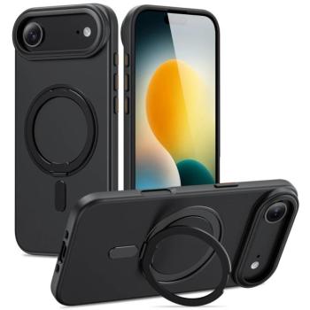 Apple iPhone Air (2025), Műanyag hátlap védőtok + szilikon keret, kitámasztóval, ujjtámasz, Magsafe töltővel kompatibilis, Magring Magsafe, áttetsző/fekete kép