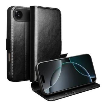 Apple iPhone Air (2025), Oldalra nyíló tok, valódi bőrtok, Qialino, fekete kép