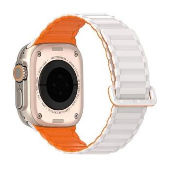 Apple Watch 4-6, SE, SE (2022) (42 / 44 mm) / Watch 7-9 (45 mm) / Watch 10 (46 mm) / Watch Ultra 1-2 (49 mm), szilikon pótszíj, mágneses zár, kétszínű, Dux Ducis KJ, ezüst/narancssárga kép