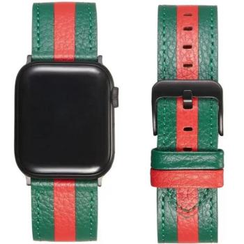 Apple Watch 4-6, SE, SE (2022) (42 / 44 mm) / Watch 7-9 (45 mm) / Watch Ultra 1-2 (49 mm), bőr pótszíj, állítható, piros csíkkal, Xprotector, sötétzöld kép