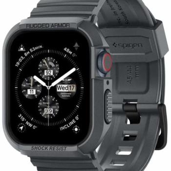 Apple Watch 4-6, SE, SE (2022) (44 mm) / Watch 7-9 (45 mm), Szilikon védőkeret, ütésálló, szíjjal, Spigen Rugged Armor Pro, sötétszürke kép