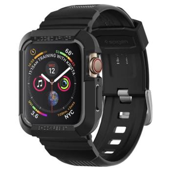 Apple Watch 4-7, SE (44mm / 45mm), Szilikon védőkeret, ütésálló, szíjjal, Spigen Rugged Armor Pro, fekete kép