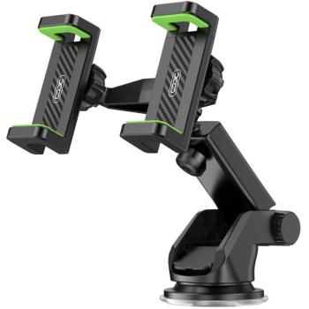 Autós tartó, Univerzális, szélvédőre vagy műszerfalra rögzíthető, 60 - 90 mm széles készülékig, tapadókorongos, 360°-ban forgatható, 2 db telefontartóval, XO C117 , fekete kép