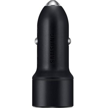 Autós töltő, Szivargyújtós töltő, 15W, 2 x USB aljzat, 2in1 kábellel microUSB / USB Type-C, gyorstöltés, LED-es, Samsung, fekete, gyári kép