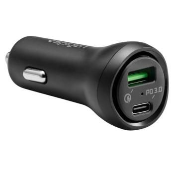 Autós töltő, Szivargyújtós töltő, 45W, 1 x USB aljzat, 1 x USB Type-C aljzat, gyorstöltés, QC 3.0, PD, LED-es, Spigen Essential, F31QC, fekete kép
