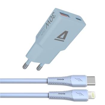 AVAX CH6416 30W GaN töltő és USB-C–Lightning szilikon kábel, világoskék kép