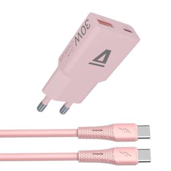 AVAX CH6417 30W GaN töltő és 60W USB-C szilikon kábel csomag, rózsaszín kép
