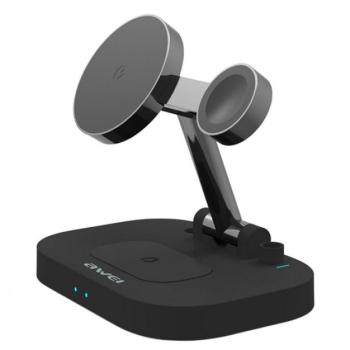 AWEI asztali töltő 4in1 (15W, vezeték nélküli töltés, QI Wireless, MagSafe kompatibilis) FEKETE kép
