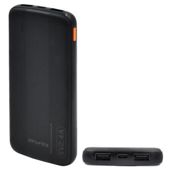 AWEI P20K vésztöltő 2 USB+Type-C aljzat (10000mAh, 2.4A, PD gyorstöltő) FEKETE kép