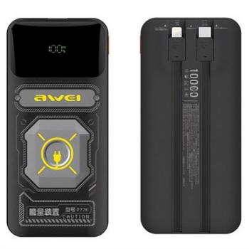 AWEI P77K vésztöltő USB+Type-C aljzat (10000mAh, 22.5W, PD gyorstöltő + fix Type-C+lightning kábel) FEKETE kép