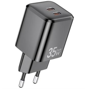 AWEI PD65-EU hálózati töltő 2 Type-C aljzat (35W, GaN, PD gyorstöltő) FEKETE kép