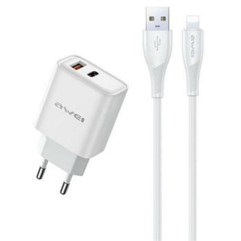 AWEI PD81L-EU hálózati töltő USB+Type-C aljzat (22.5W, GaN, PD gyorstöltő + lightning kábel) FEHÉR kép