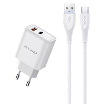 AWEI PD81T-EU hálózati töltő USB+Type-C aljzat (22.5W, GaN, PD gyorstöltő + Type-C kábel) FEHÉR kép